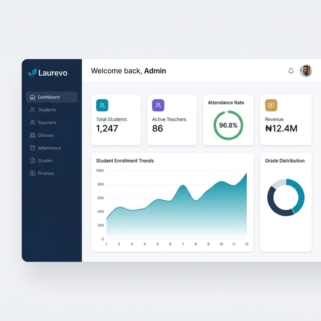 Laurevo — School Management Dashboard showing student analytics, attendance tracking, and financial overview